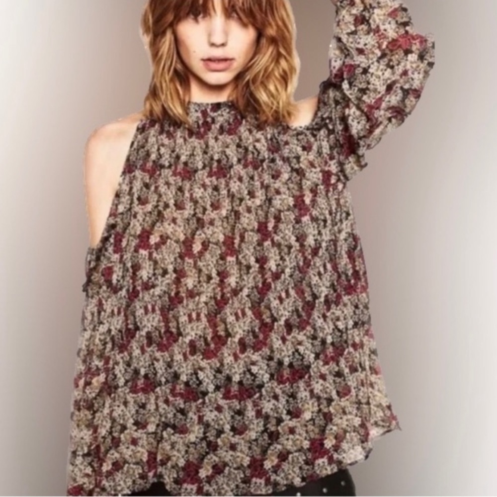 ZARA Flower Print Long Sleeve Blouse w/Cut Out Shoulders/Mock Neck l Large l NWT